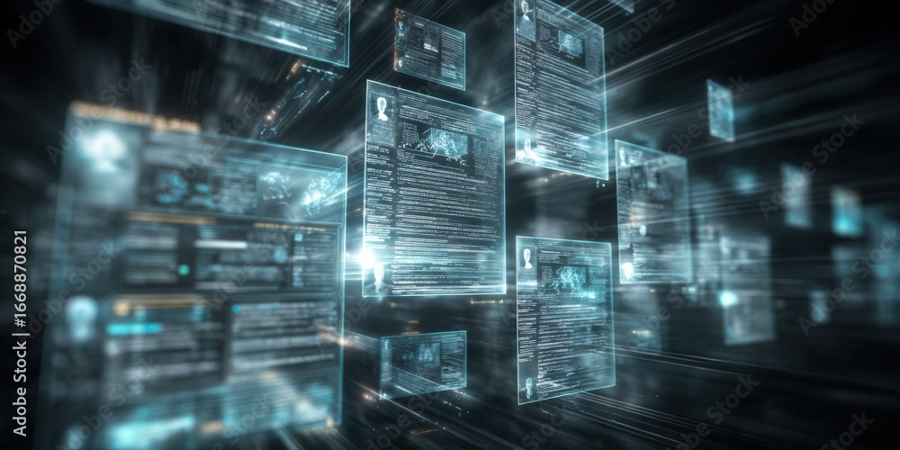 Poster abstract technology background with floating data screens, representing digital information flow and