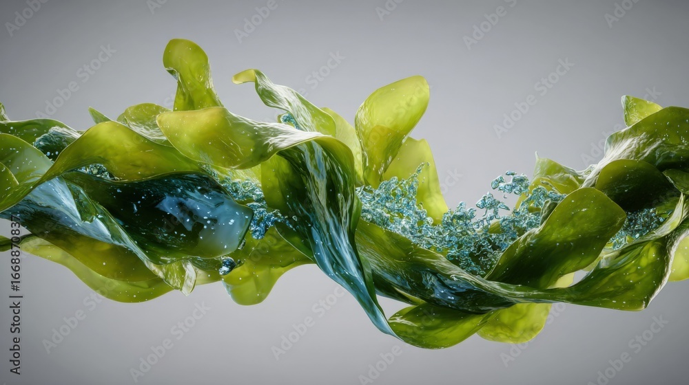 Poster abstract green and blue fluid design: dynamic motion and flowing shapes on a light background