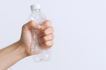 Hand Crushing Plastic Bottle Against White Background: Promoting Recycling and Environmental Awareness Concept