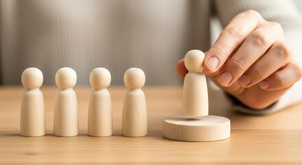 Hand placing wooden figure on pedestal near row of wooden figures on table top