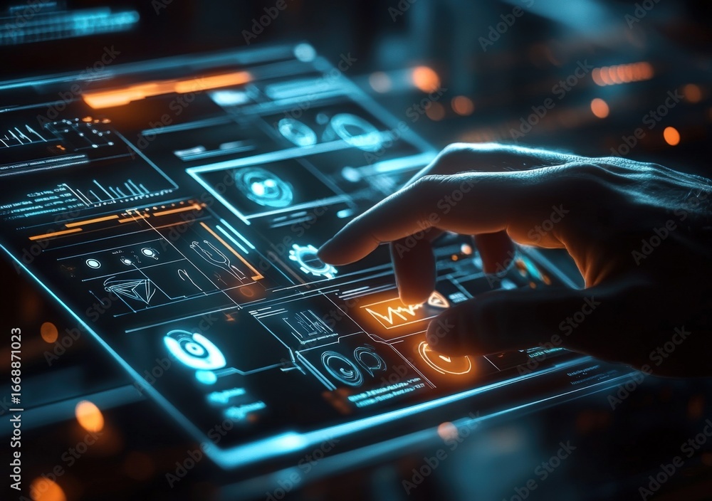 Poster interactive digital interface with touchscreen display for data analysis and technological innovatio