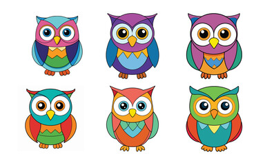 Fototapeta premium Six Colorful Cartoon Owls Illustration
