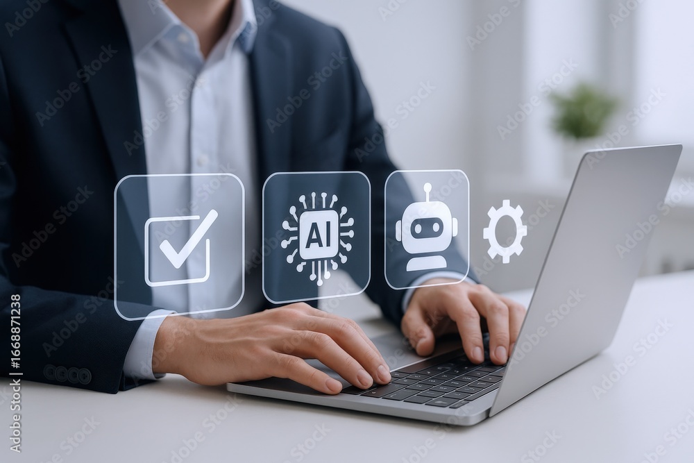 Poster artificial intelligence integration: businessman using laptop with ai icons for automation and busin