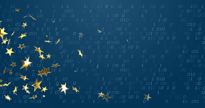Cluster of golden stars entering left side glowing scattering amid binary code showing digital flow - Powered by Adobe