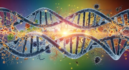 Obraz premium Allergenome abstract DNA double helix with immune cells, allergens, and microorganisms in colorful spectrum background biotechnology genetics immunology concept 
