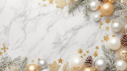 Elegant Christmas flat lay background with gold and silver baubles, snowflakes, pine cones and frosted fir branches on white marble surface, festive winter holiday decoration for greeting cards and ba