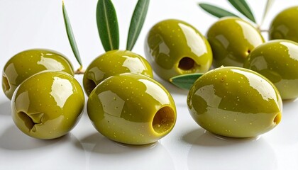 Scattered green olives with pitted centers on a white background, glossy and marinated, highlighting texture and color for Mediterranean culinary or nutritional content.