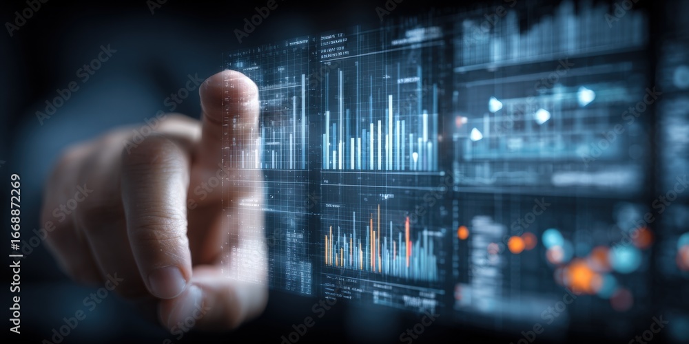 Poster data analytics interface with hand touching screen for business intelligence insights and technology