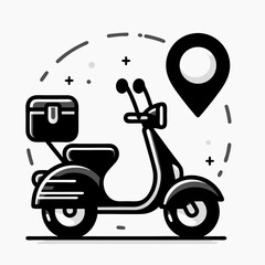 Monochrome Icon of a Delivery Scooter With a Parcel and Location Markers