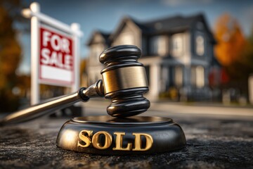 Real Estate Auction: Gavel on Sold Sign with House in Background Depicting Successful Property Sale