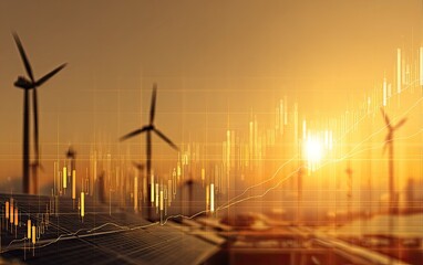 Wind turbines and solar panels with financial charts overlaid, sunset background