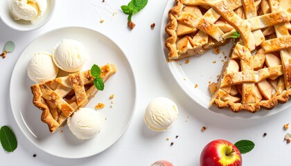 Overhead shot of five white plates with lattice-topped apple pie slices, two served with vanilla ice cream and mint garnish