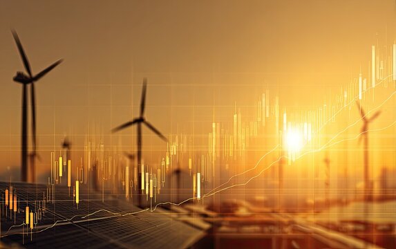 Wind turbines and solar panels with financial charts overlaid, sunset background - Powered by Adobe