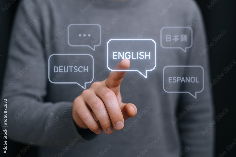 Poster person selecting english language option on digital interface for translation or communication appli