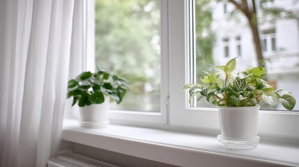 Fototapeta premium Indoor Greenery on a Window Sill: Potted Plants Enhancing Interior Decor with Natural Light