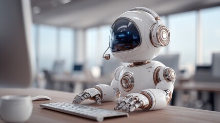 Futuristic Robot Customer Service Representative Typing on Keyboard in Modern Office Environment