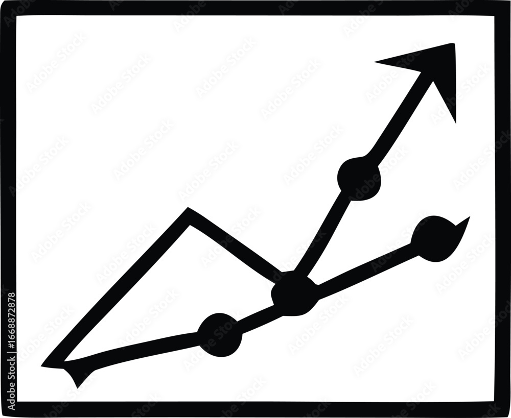 Poster black and white line graph with upward trend showing growth and data points with arrows indicating p
