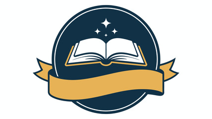 An open book with three stars in a dark blue circle with a gold ribbon on a white background design