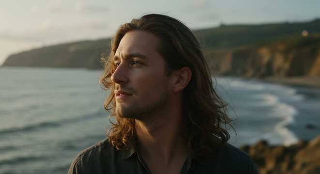 Young man with long hair contemplates the ocean at sunset, a serene coastal scene. - Powered by Adobe