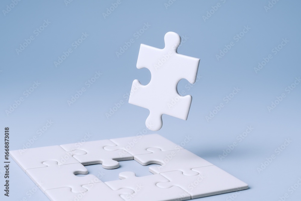 Poster Completing The Puzzle: White Piece Hovering Above The Incomplete Jig Saw, Representing Problem Solving