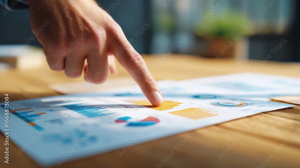 Poster analyzing business data: hand points to charts and graphs on a wooden table for strategy and plannin