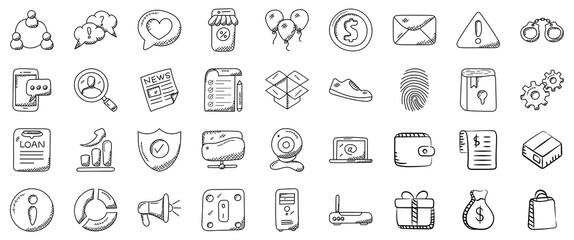 Hand-Drawn Icons Representing Business, Technology, and Lifestyle Concepts