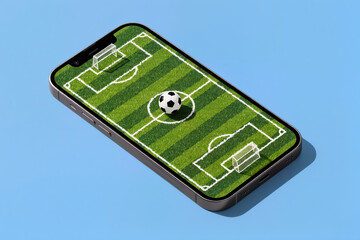 Digital football field with ball placed on mobile display symbolizing online gaming streaming sport betting and interactive entertainment for soccer fans