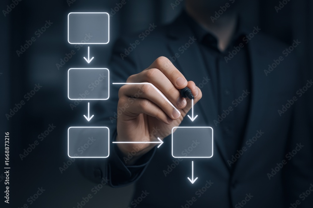 Aufkleber man drawing flowchart with digital pen on glass screen, illustrating workflow processes