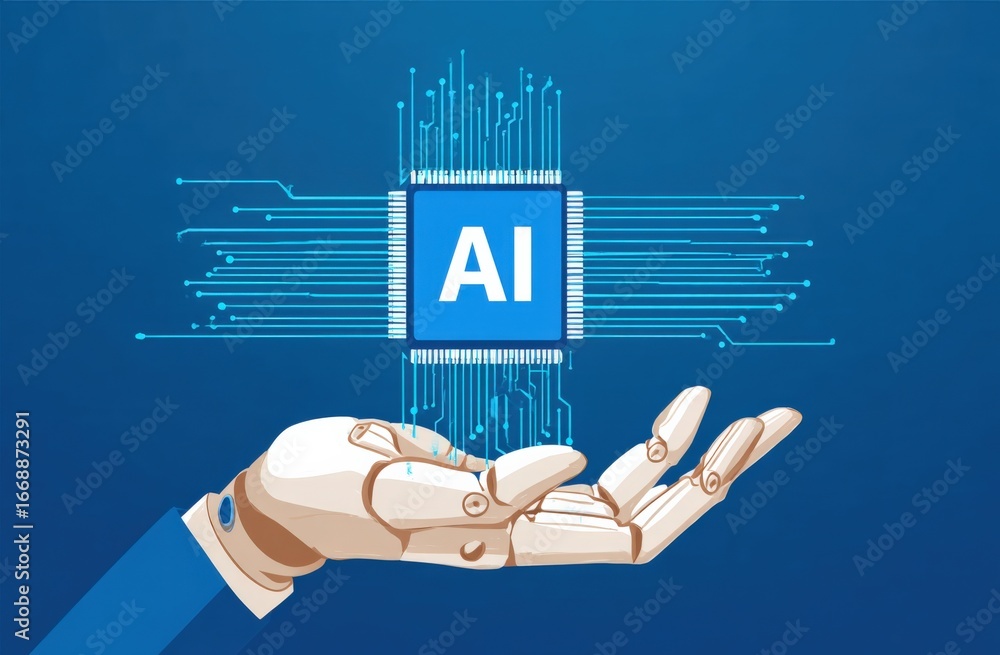 Aufkleber robotic hand displaying artificial intelligence microchip, symbolizing advanced technology and futur