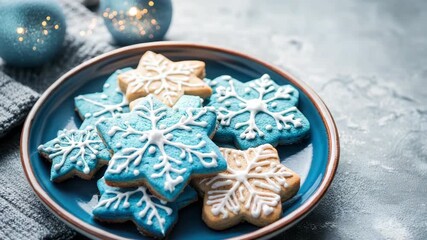 Festive snowflake cookies on plate with icing - Powered by Adobe