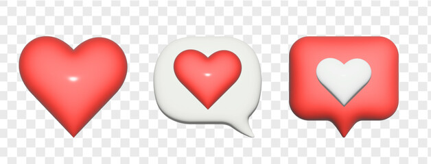 3d Social media likes and emoji icon set. Speech bubble messages with red and beige hearts. heart and love chat bubble . Cartoon design icons isolated on white. 3d Vector illustration