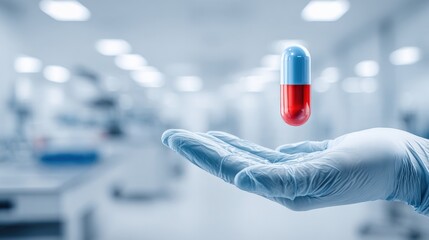 Hand in Glove Presenting a Floating Pharmaceutical Capsule in a Sterile Laboratory Environment