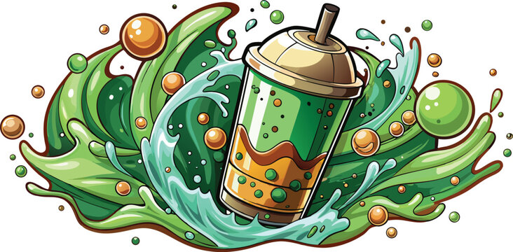 Refreshing Green Bubble Tea Drink with Tapioca Pearls Illustration boba beverage