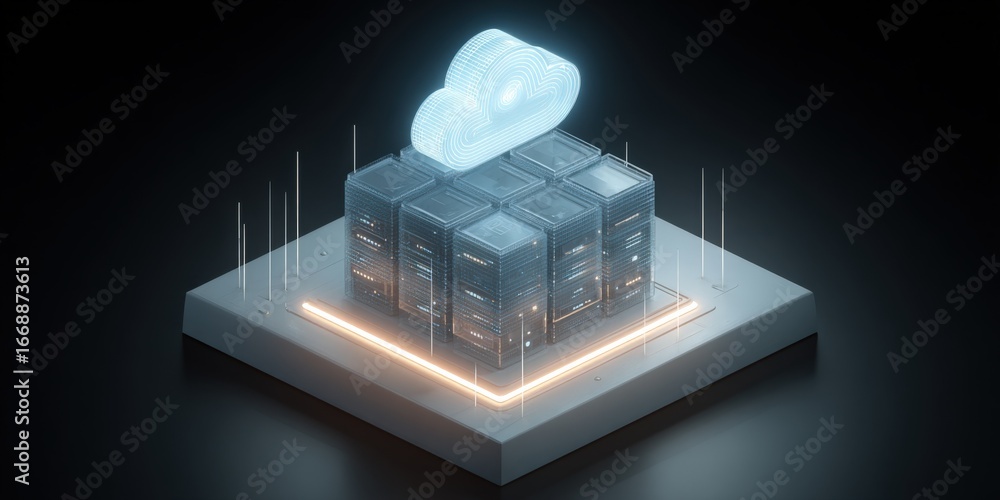 Poster cloud computing server storage isometric illustration: futuristic data center technology for digital