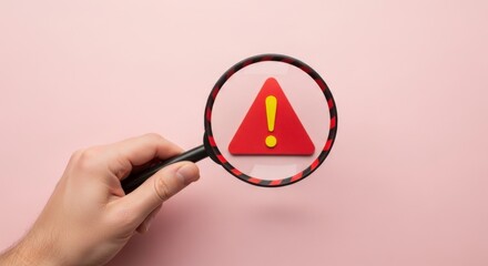 A hand holding a magnifying glass over a red warning sign on a pink background