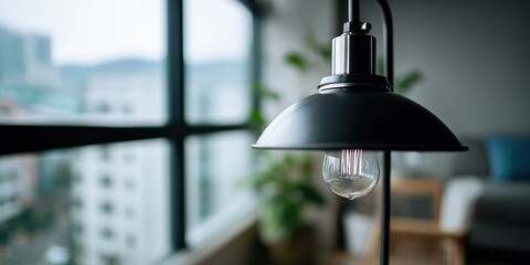 Stylish black metal lamp with a clear bulb in modern interior home decor close-up.