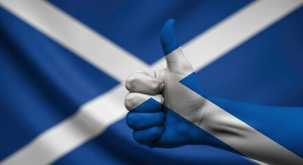 A hand giving a thumbs up with a scottish flag overlayed on the hand and background