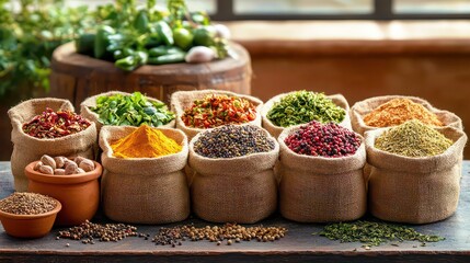 Fototapeta premium Various colorful spices displayed in cloth bags.