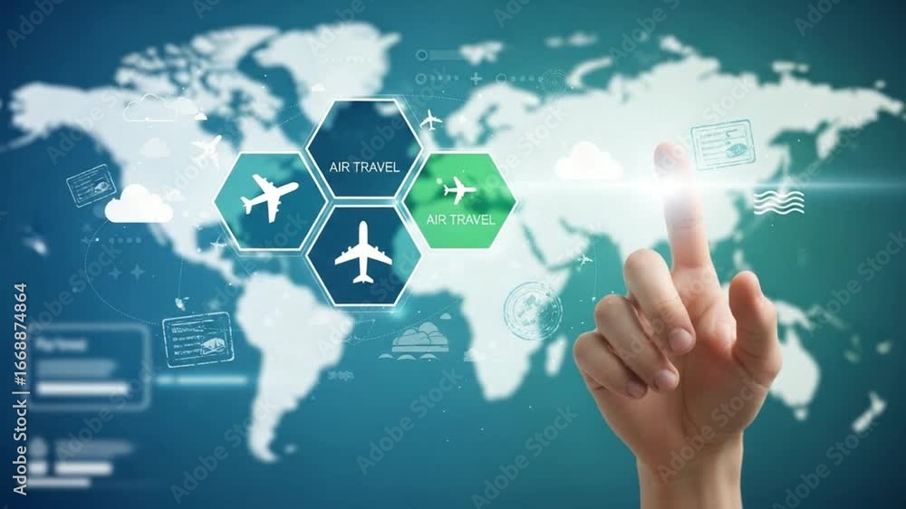 Poster hand touching air travel icons on world map interface with planes and hexagon shapes on blue backgro