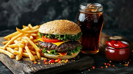 burger cola fries. Selective focus food - Powered by Adobe