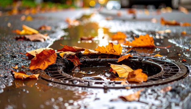 Leaves, mud and trash clogging street storm drain after rain. Water pooling around blocked drainage
