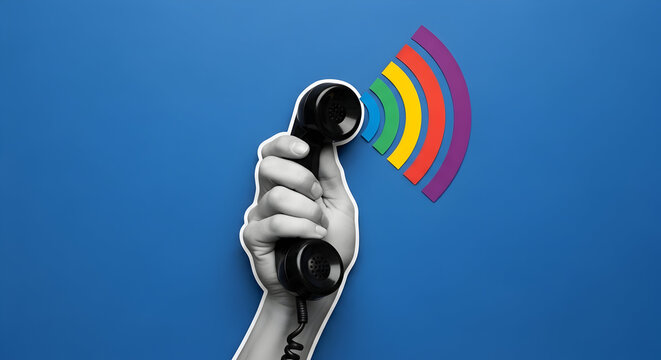 Modern Communication Meets Retro Style: Hand Holding Vintage Phone with Rainbow Signal