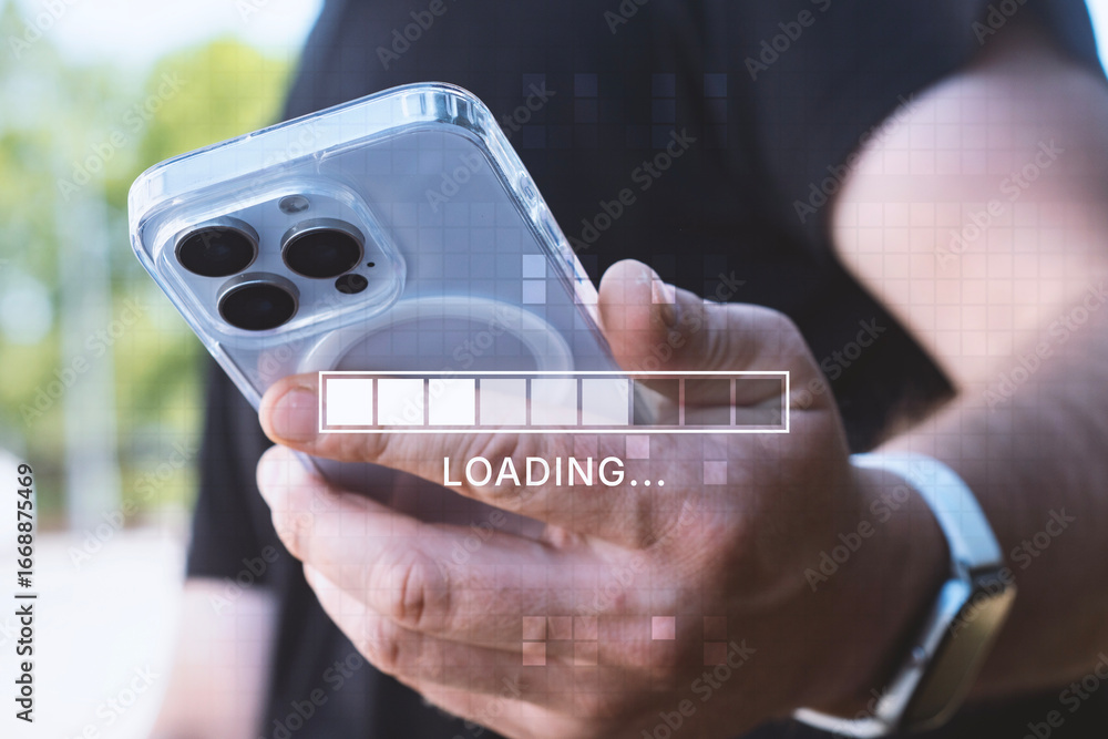 Fototapete man holding a smartphone with a digital loading bar and progress indicator overlay. concept of inter