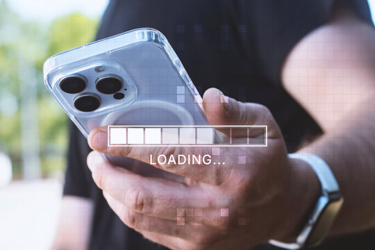 Man holding a smartphone with a digital loading bar and progress indicator overlay. Concept of internet connection, data transfer, mobile technology and digital transformation.