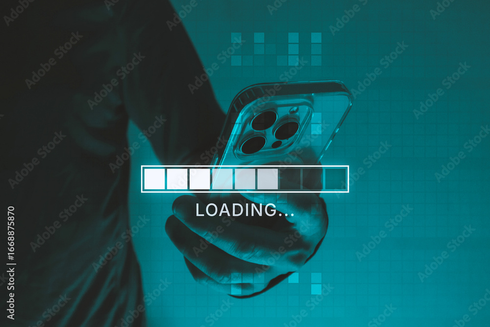Poster man holding a smartphone with a digital loading bar and progress indicator overlay. concept of inter