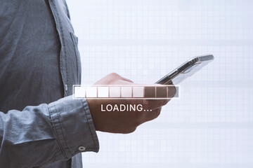 Man holding a smartphone with a digital loading bar and progress indicator overlay. Concept of internet connection, data transfer, mobile technology and digital transformation.