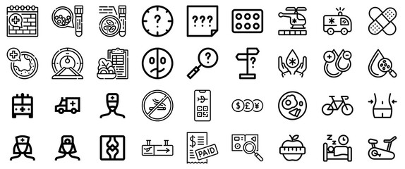 Medical and Health Icons: Diagnostics, Treatment, Lifestyle, and Travel