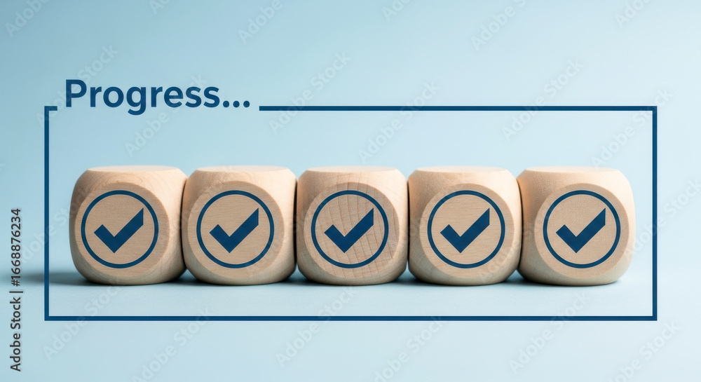 Poster five wooden blocks with blue checkmarks arranged in a row on a light blue surface