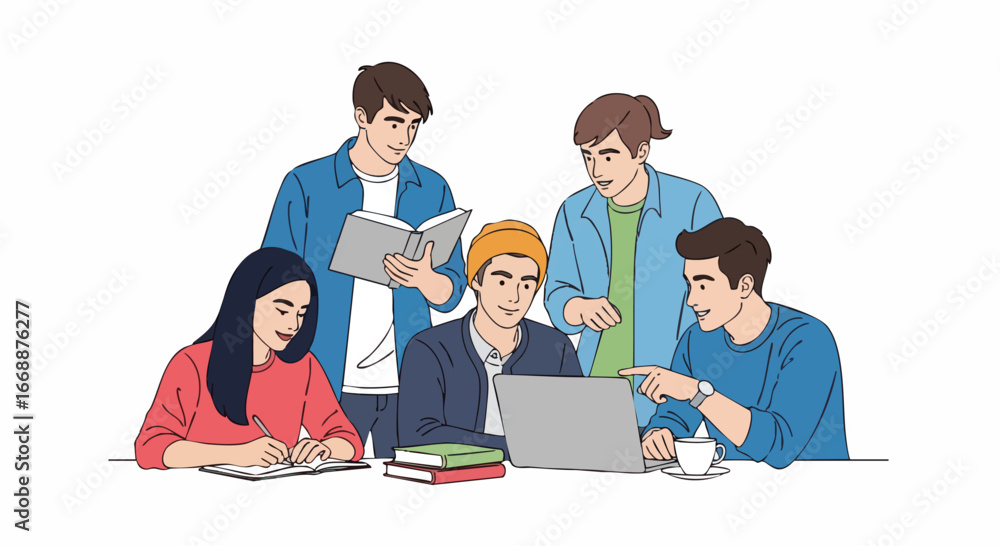 Poster university study with young group of diverse students using laptop and book, gathered together. univ