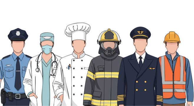 Diverse professions in uniform showing a chef, doctor, construction worker, pilot, police officer, and firefighter. Uniform represents different industries and careers offering vital services.